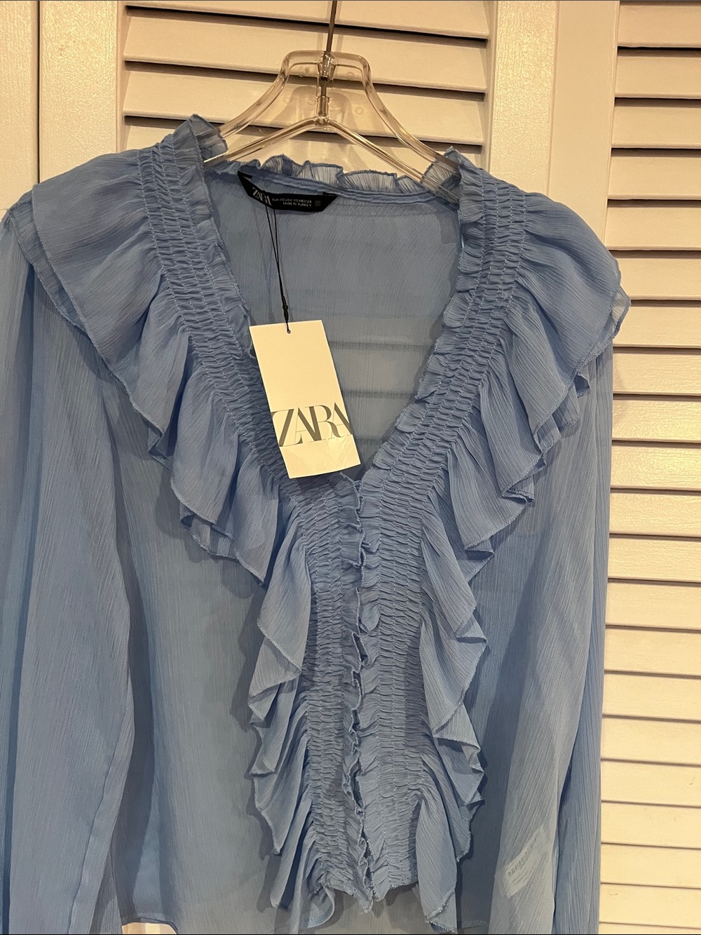 Zara Pale Blue Ruffle-Front Semi-Sheer Blouses